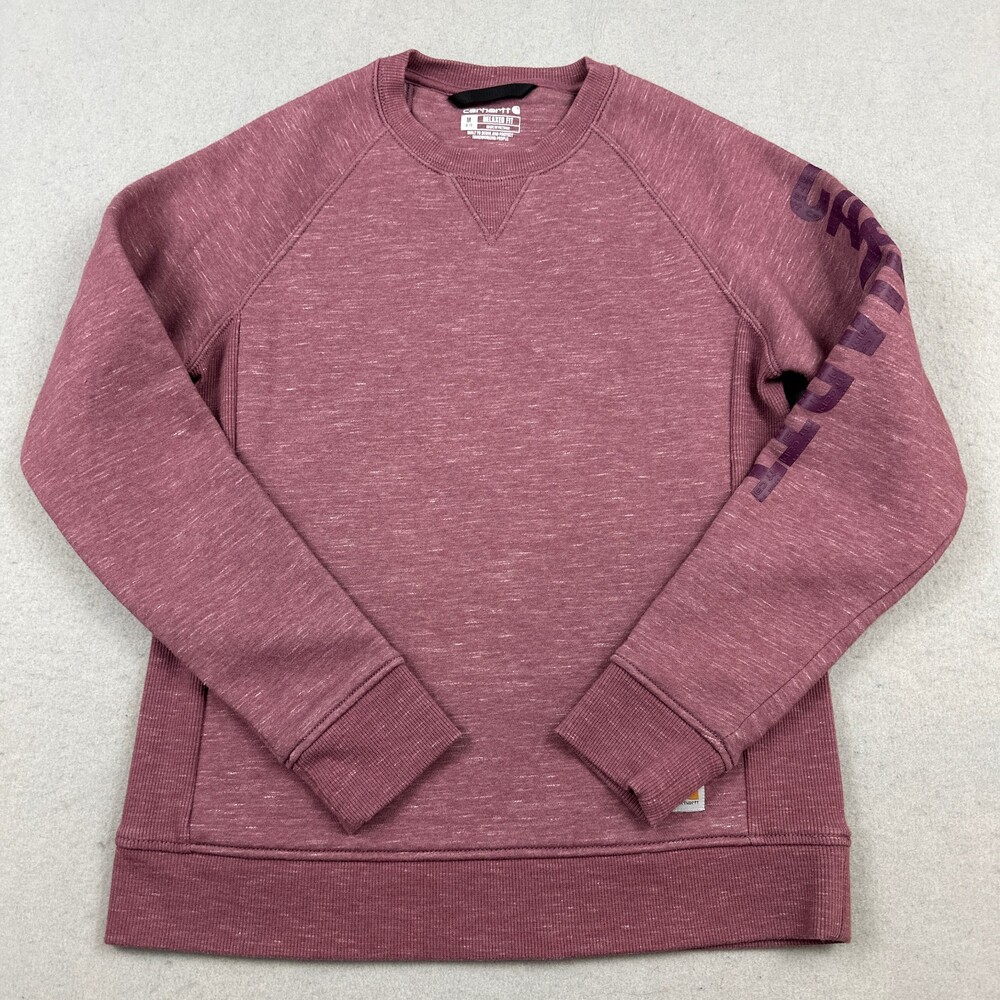 Carhartt Sweatshirt Women Medium Pink Spell Out Sleeve Fleece Crewneck Relaxed M